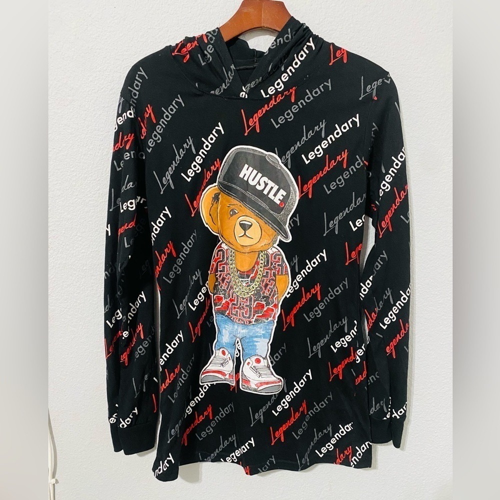 Vibes Big Boy Kids Black Long Sleeves Legendary Hustle Bear Hoddie Shirt Size‎ S
